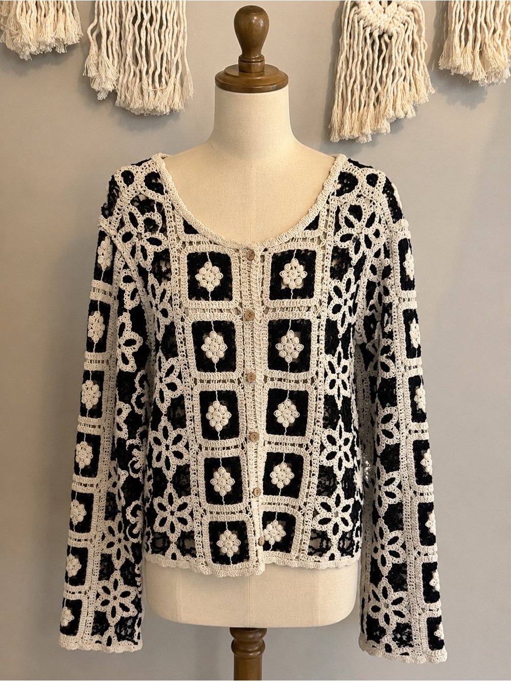 Ultra Pink Black and Cream Crochet Button-Up Cardigan